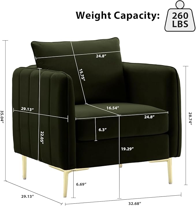 Leather Accent Chair Mid Century Modern PU Leather High Back Armchair for Living Room Chairs with Solid Wood Legs for Small Spaces Bedroom Office (Green-Velvet 29.13D x 32.68W x 35.04H)