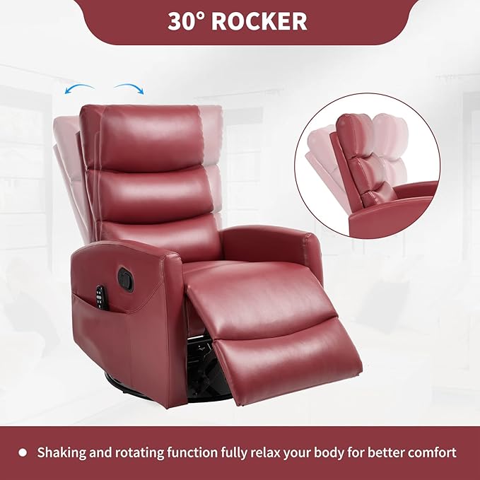Massage Chair Recliner with Heat Swivel Rocking Chair Recliner with High Back Manual Lazy Boy Recliners for AdultsSmall Recliner Chair for Small Spaces Living Room Bedroom Fabric (Red)