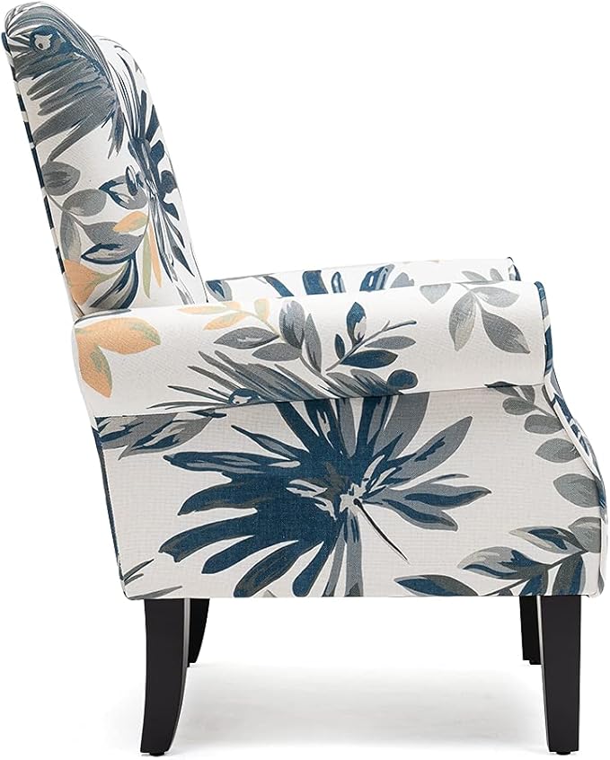 YOLENY Modern Accent ChairHigh Back ArmchairUpholstered Fabric Button Single Sofa with Wooden Legs for Living RoomBedroomBlue Leaves
