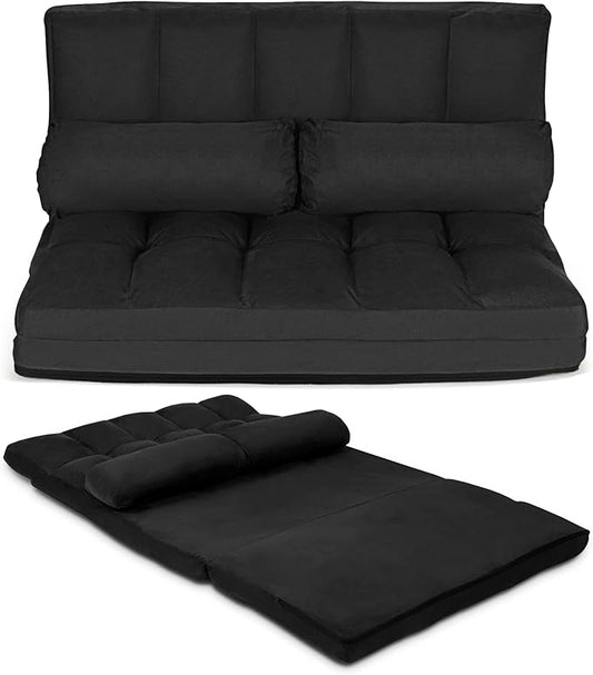 COSTWAY Floor Sofa Couch with 2 Pillows Foldable 6-Position Adjustable Lazy Sofa Bed Sleeper with Metal Frame Soft Suede Fabric Gaming Playing Lounge Recliner for Adults (Black)
