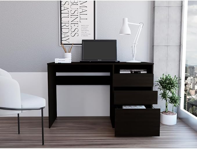 Home Office Desk Modern 3 Drawers Computer Desk One Shelf Black