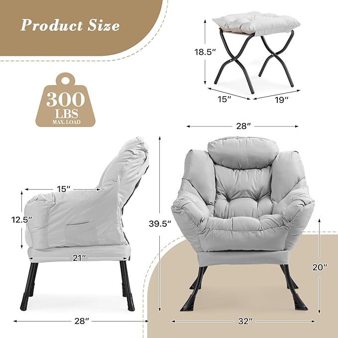 Athena Collection Lazy Lounge Chair with Ottoman Modern Soft Reading Arm Chair for Adults Comfy Sofa Armchair with Footrest and Side Pocket for Corner Living Room Bedroom Small Space Grey
