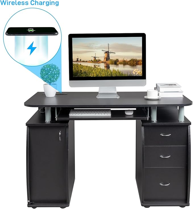 JHshop Black Writing Home Office Workstation Office Desk with Drawers Computer Desk with 3 Drawers Home Office Desks with Filing Cabinet Modern Writing Table PC Desks 115 x 55 x 74CM