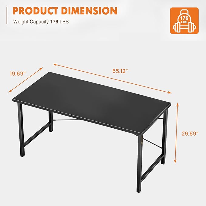 Sweetcrispy Computer Office Desk 55 Inch Student Study Writing Work with Metal Frame Wood Tabletop Modern Simple PC Home Bedroom Table - Black