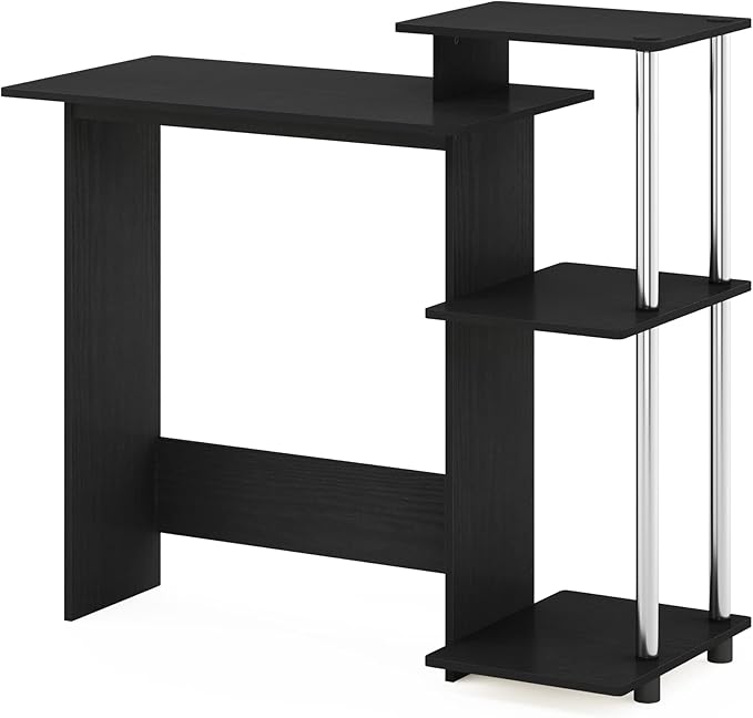 Furinno EFFICIENT Desk 28.6 Wide Gaming Desk with 3 Open Side Shelves Laptop Notebook Computer Desk Office Desk for Home Office Study Room Dorm Bedroom Americano/Stainless Steel