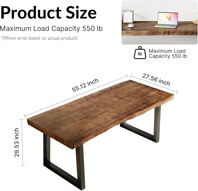 Solid Wood Desk 55 inches Home Office Computer Desk Wooden Rustic Writing Desk Metal Modern Simple Design Executive Real Wood Desk(Dark Brown)
