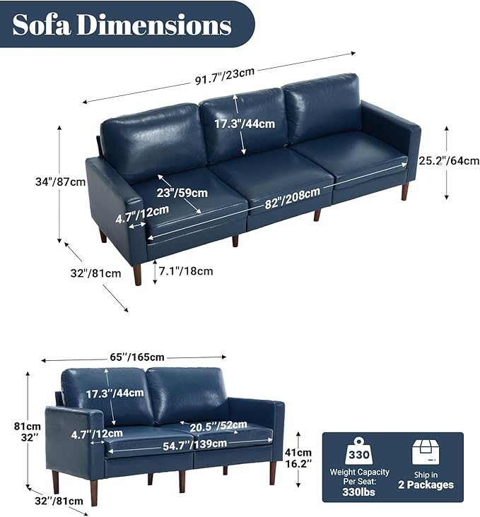 Kingfun Faux Leather Sofa with Loveseat 2 &amp 3 Seater Couch Mid Century Modern Couches with Solid Wood Legs for Living Room &amp Bedroom Navy Blue