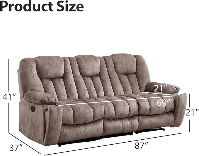 EBELLO Reclining Sofa for Living Room Extra Wide Modern Overstuffed 3 Seat Recliner Manual Sofa Chair with Hidden Armrest Cup Holders Breathable Soft Fabric and Padded Seat Light Brown