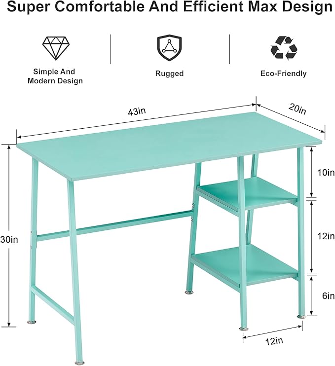VECELO 43.1 Inch Computer Desk Home Office Blue Study Desk Work Office Table with Shelves Wooden Desk for Bedroom 2 Set