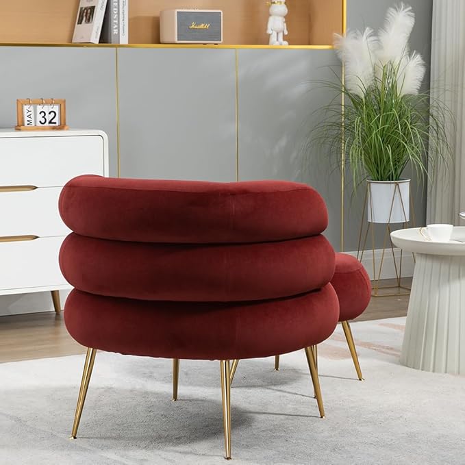 Single Sofa Chair Velvet Accent Chair with Ottoman Round Sofa Chair Modern Barrel Chair with Gold Buckle and Leg for Living Room Bedroom Waiting Room Small Spaces (Red)