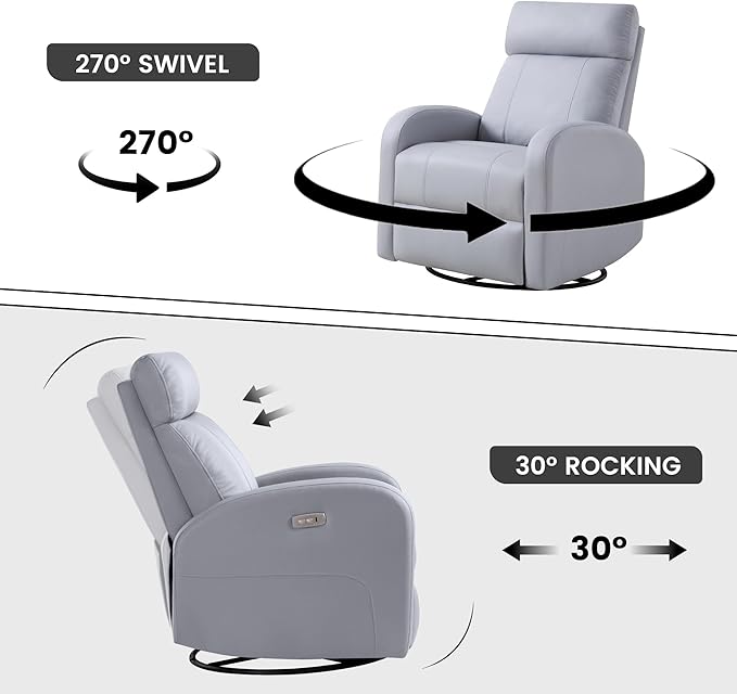 Power Swivel Rocker Recliner Faux Leather Rocking Recliner Chair with USB Port Swivel Glider Reclining Chair Nursery Recliners for Living Room Grey