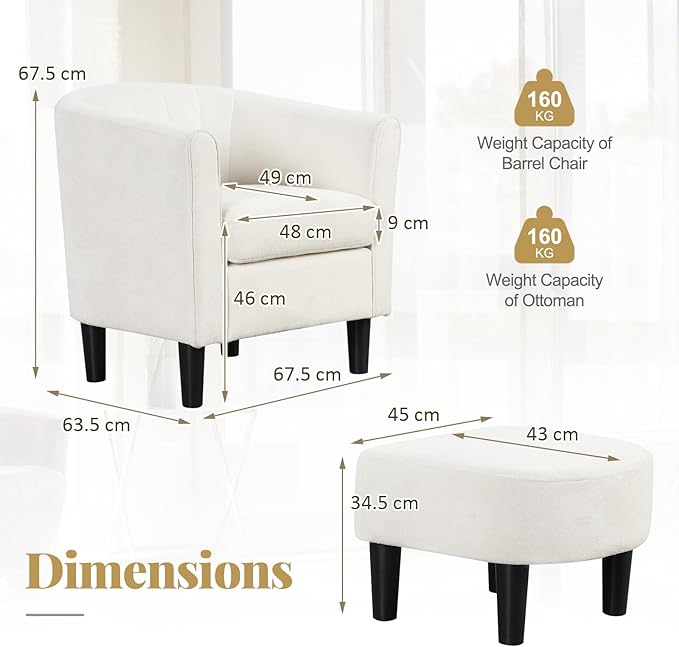 GOFLAME Accent Chair with Ottoman Modern Teddy Velvet Barrel Chair with Footrest Curved Backrest Removable Seat Cushion Upholstered Club Tub Sofa Reading Armchair for Living Room Bedroom Beige