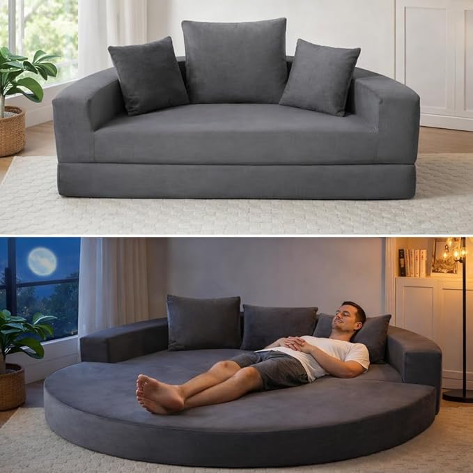 Convertible Round Sofa Bed 67 Corduroy Upholstered Loveseat Sleeper Couch Pull-Out Floor Bed with 3 Pillows No Assembly 550 lbs Weight Capacity (Gray)