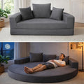 Convertible Round Sofa Bed 67 Corduroy Upholstered Loveseat Sleeper Couch Pull-Out Floor Bed with 3 Pillows No Assembly 550 lbs Weight Capacity (Gray)