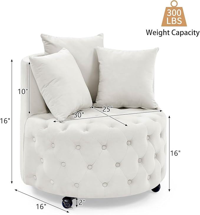 GNIXUU Swivel Barrel Accent Chair 30” Modern Velvet Round Sofa Chair with 3 Pillows and Wheels Comfy Tufted Club Lounge Chair for Living Room Bedroom(Beige).