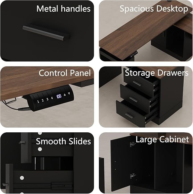 63 Large Electric Standing Office Desk with Drawers Modern Executive Deep L Shaped Computer Raising Stand up Desk with Shelves Storage for Home Office Adjustable Height Black &amp Brown