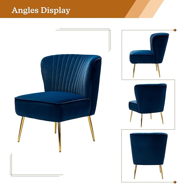 HULALA HOME Velvet Accent Chair Modern Upholstered Cute Side Chair with Gold Metal Legs Armless Wingback Slipper Chair Comfy Living Room Chair for Bedroom Guest Room VanityNavy