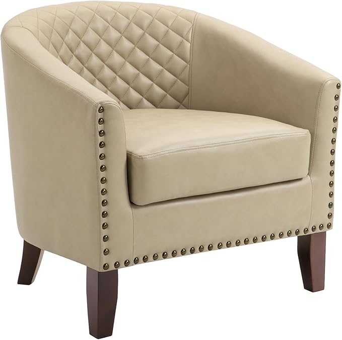 UIXE Faux Leather Accent Chair Barrel Club Chair Upholstered Armchair for Living Room Comfy Modern Round Arm Chair Bedroom Reading Seat - Beige