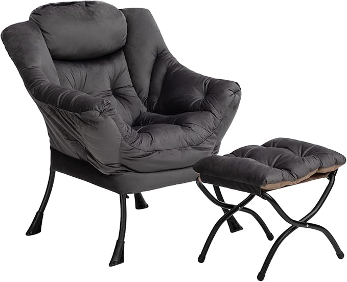 HollyHOME Lazy Chair with Foldable Ottoman Accent Comfy Lounge Armchair and Folding Footrest Stool Leisure Sofa Reading Chair and Footstool for Living Room Bedroom DormVelvet Smoky Grey
