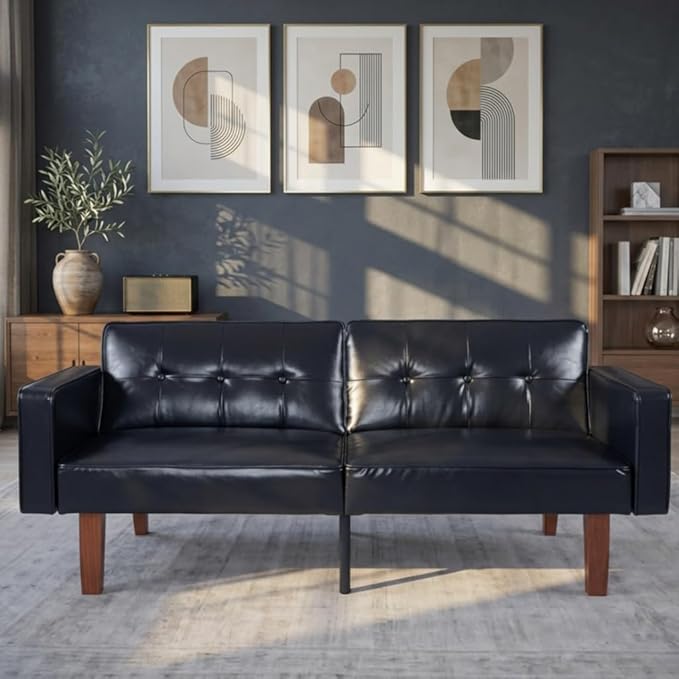 Adjustable Backrest Convertable Sofa Modern PU Leather 2-Seat Futon Sofa Convertible Faux Leather Sleeper Couch with Armrests Couch for Living Room Home Office Spaces Black