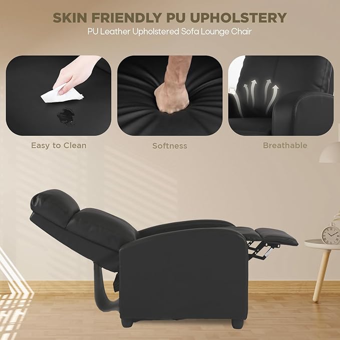 Recliner Chair for Adults Living Room Chairs Reading Chair with Pu Leather Padded Seat Backrest Modern Reclining Easy Lounge (Black)