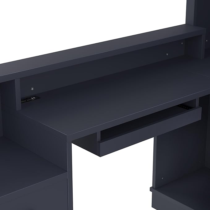 Wooden L-Shaped Computer Desk with Outlet Drawers and Bookshelf Modern Corner Desk with L-Shaped Study Table Writing Desk Gaming Computer Desk with Storage for Home Office Bedroom (Blue-06)