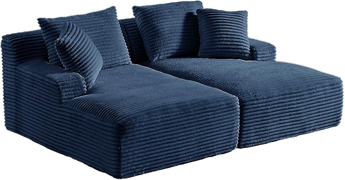 Oversized Double Chaise Lounge Chair IndoorWide Corduroy Boneless Chaise Lounges SofaComfy Upholstered Cloud CouchNo Assembly Required Loveseat Sleeper Chair Bed for Living Room(Dark Blue)