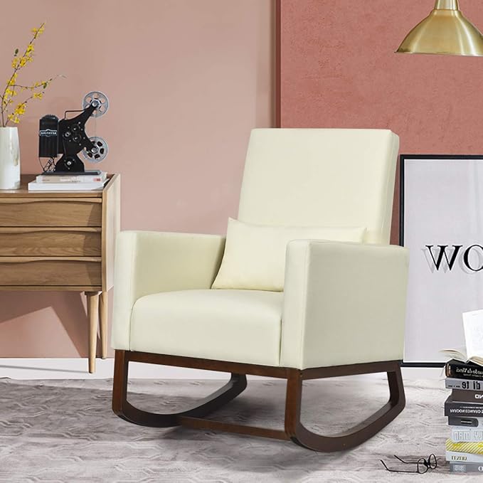 Giantex Upholstered Rocking Chair Modern High Back Armchair Comfortable Rocker with Fabric Padded Seat Waist Pillow and Wood Base Accent Chair for Nursery Living Room Bedroom Office Beige