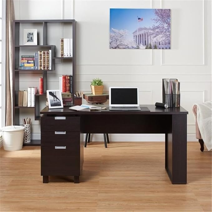 Scranton &amp Co Modern 3-Drawer Wood/Steel Office Desk 59 in Wide Espresso Finish Built-in Filing Cabinet Open Shelves Chrome Accents Particle Board Construction Home Office Desk for Workspac
