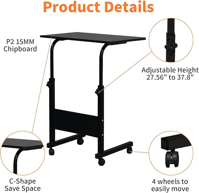 Karl home Small Side Mobile Table 23.6 inch Computer Desk with Wheels Height Adjustable Rolling Potable Laptop Cart C-Shaped Bed Couch End Tables with Edge Stopper for Living Room Bedroom Black