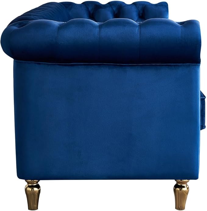 KEIKI 85 Chesterfield Velvet Tufted Button Sofa with Deep Seat Cushions and Rolled Arms Modern Style 3-Seater Couch Decorated with Gold Strip Easy Assembly for Living Room Bedroom Office Blue