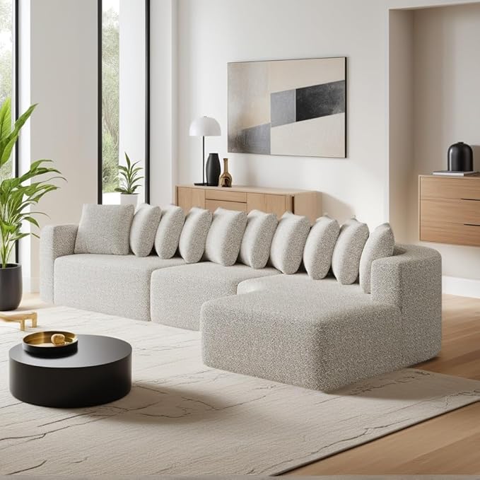 KEIKI 131.1 Curved Sectional Sofa Set Oversized Cloud Couch with 10 Pillows Deep Seat Right Facing Sofa for Living Room Guest Bedroom No Assembly Required Light Khaki