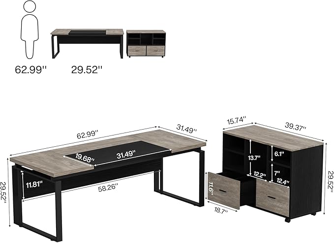 Tribesigns L-Shaped Executive Desk with Reversible File Cabinet 63 Office Desk with Storage Drawers L-Shaped Computer Desk with Drawer Cabinet for Hanging Letter Size Files (Gray &amp Black)