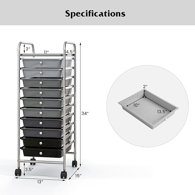 Giantex 10-Drawer Storage Cart w/Universal Wheel Rolling Cart w/Handle Home Organizer Storage Unit w/Removable Drawers Trolley Utility Cart for Kitchen Makeup Living Room Office Play Room