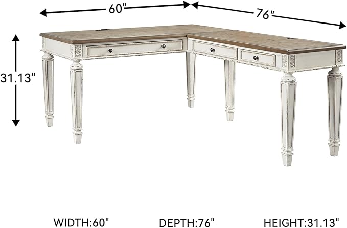 Signature Design by Ashley Realyn Cottage L-Shaped Distressed 2-Piece Home Office Desk with Power Supply and USB Ports White &amp Light Brown