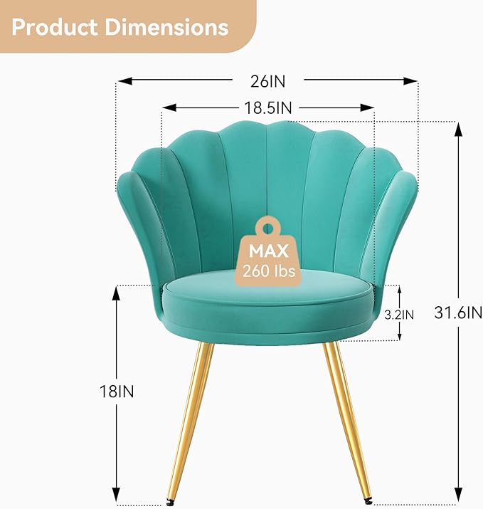 Velvet Accent Chair with Gold Metal Legs Vanity Chair for Makeup Room Upholstered Guest Chair for Living Room Side-Chair for Bedroom Cyan