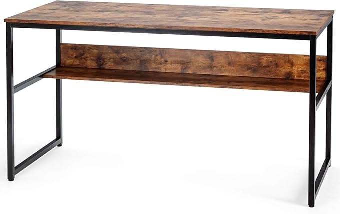 Tangkula 55 Inches Computer Desk with Bookshelf Study Writing Table w/Storage Shelf &amp Sturdy Metal Frame Home Office Desk with Adjustable Foot Pads &amp Spacious Desktop Computer Workstation