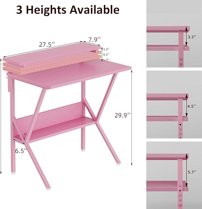 COTUBLR Small Desk 27.5 Inch Small Computer Desk for Spaces Computer Desks with Adjustable Monitor Stand Compact Desks with Storage Tiny Study Table for Bedroom Home Office Pink