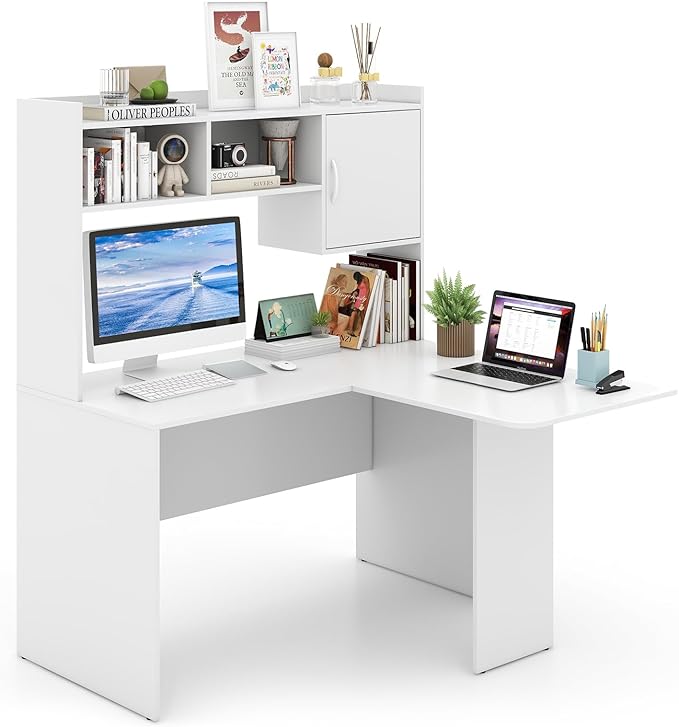 Giantex L Shaped Desk with Hutch White Corner Desk with Storage Shelf &amp Cabinet Laptop PC Table Gaming Computer Table Workstation Modern Executive Study Writing Desk for Home Office Bedroom