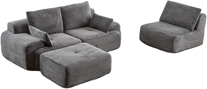 Modular Sectional Sofa Comfy Boneless Cloud Couch with Pillows Pet-Friendly Corduroy Fabric Sectional Couches for Living Room No Assembly Required (Grey 3 Seat)