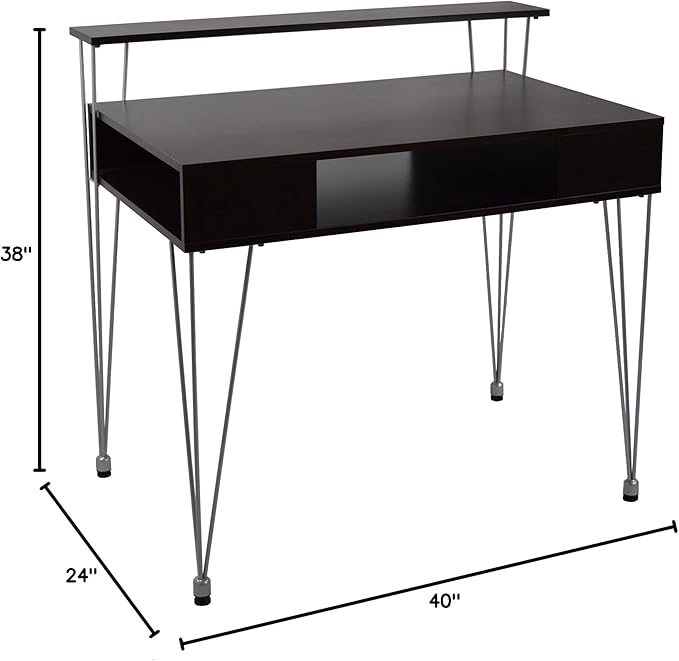 Proman Products Marcus Jr. Modern Home Office Desk with Storage – Functional Computer Writing Desk with Dual Side Compartments Large Hidden Storage Raised Display Shelf