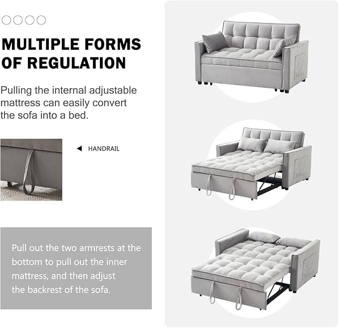 54.8'' Sleeper Sofa Bed 3-in-1 Convertible Couch with Pullout Bed Reclining Backrest Storage Pockets – Modern Space Lounge Furniture for Living Room Includes Toss PillowsGrey