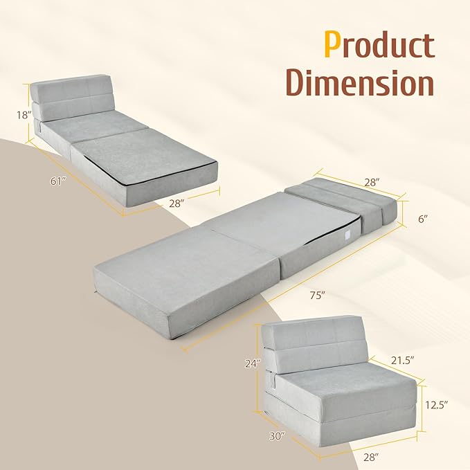 Giantex Convertible Sofa Bed Floor Couch Sleeper Folding Futon Guest Bed Modern Chaise Lounge Upholstered Padded Cushion Large Accent Chair Living Room Bedroom Gray