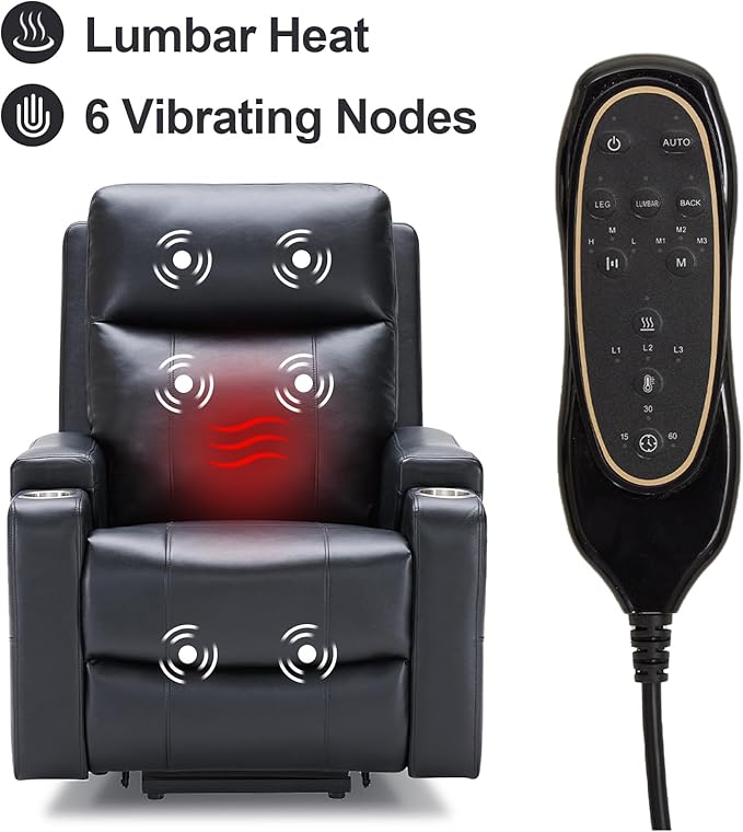 Triple Motor Power Lift Recliner Chair with Adjustable Lumbar Support Lay Flat Recliner for Elderly Breathable Black Lift Chair Leather Recliner Massage &amp Heating USB Ports Cup Holders