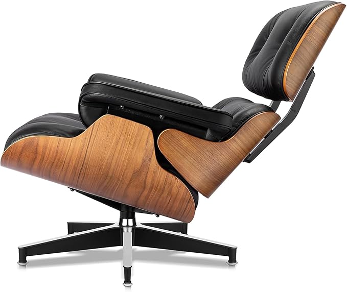 Mid Century Chaise Lounge Chair and Ottoman Reading Chair Leather Accent Chair Modern Chair Classic Design Heavy Duty Base Support for Living Room (Walnut-Black Tall)