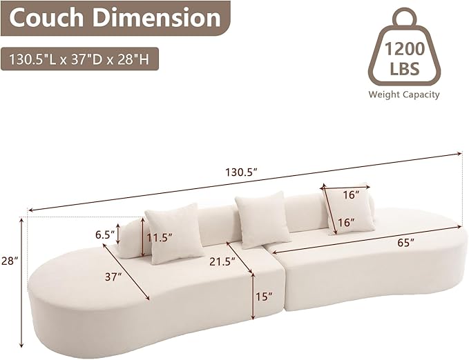 130.5” Curved Sofa for Living Room Cloud Sectional Couch Modern Boneless Lounge Sofa 4-Seater Beige Oversized Compressed Couch with 3 Pillows for Apartment Bedroom Office