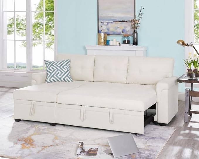 Naomi Home 85 in. Convertible Sofa with Storage Reversible L Shape Sofa Couch with Chaise Comfy Couches for Living Room Cream/Velvet