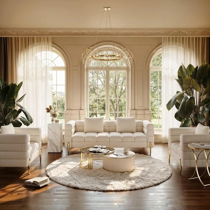 homary Sofa 79 Boucle Upholstered Sofa Modern White Couches for Living Room 3 Seater Sofa Couch with Pillows (Boucle White &amp Gold)
