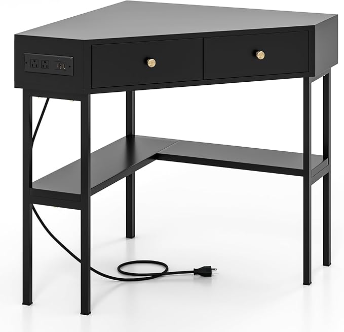 Corner Desk with Charging Station 90° Triangle Desk w/ 2 Drawers Storage Shelves Corner Vanity Table for Bedroom Compact Computer Desk for Small Space