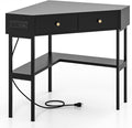 Corner Desk with Charging Station 90° Triangle Desk w/ 2 Drawers Storage Shelves Corner Vanity Table for Bedroom Compact Computer Desk for Small Space
